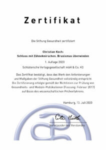 Zertifikat der Stiftung Gesundheit für das Buch Christian Koch Schluss mit Zähneknirschen