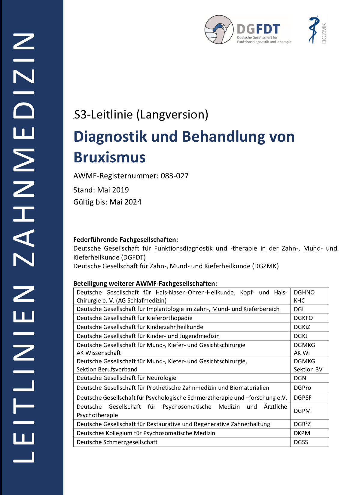 S3-Leitlinie zur Diagnostik und Behandlung von Bruxismus Titelseite